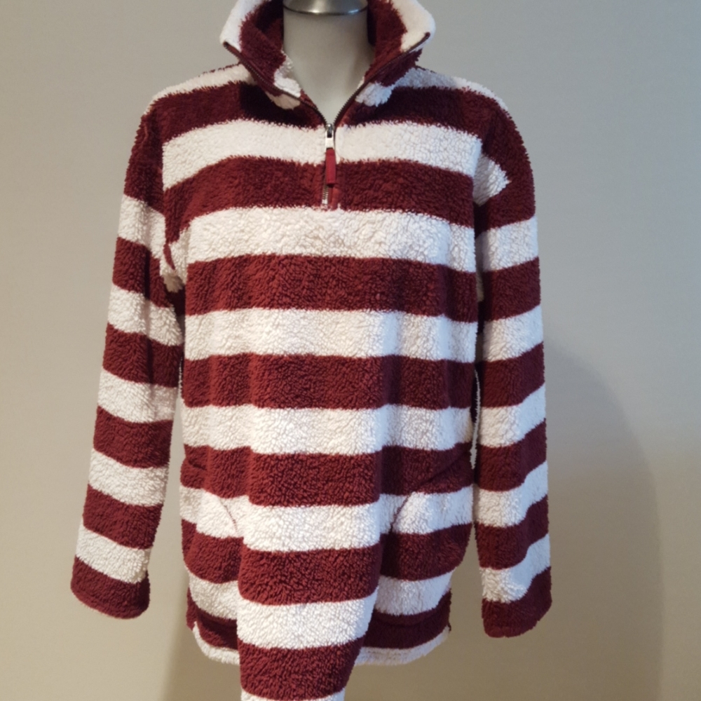 Oddy sherpa like fabric shirt, size Small/Medium, maroon white.